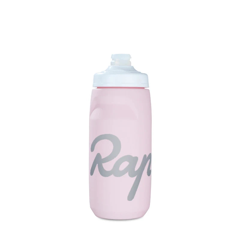 620ml pink Rapha cycling water bottle with white lid and gray logo, BPA-free soft-squeeze bottle ideal for cycling